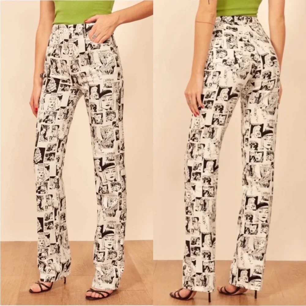 Reformation Black & White Comic Print Straight Leg Jeans